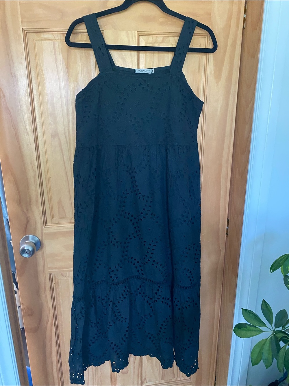 Black Eyelet Maxi Dress with Square Neck and Wide Straps